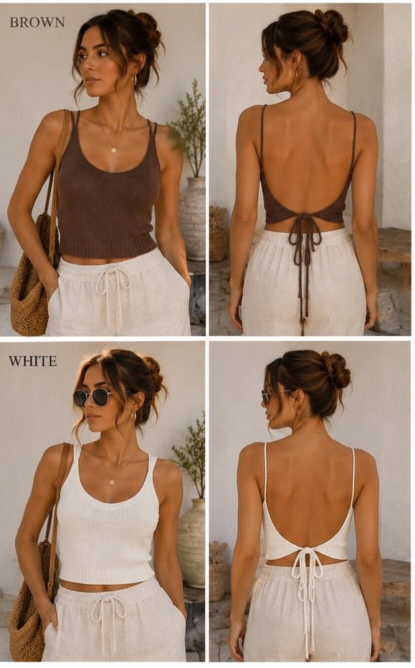 SHEIN Knit Open Tie Back Cami Top S 100% Viscose Sweater Tank Brown/White Boho